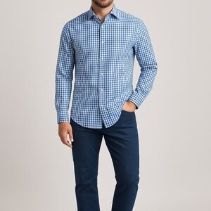 Michael Kors Blue Gingham Check Non-Iron Dress Shirt 16.5 32/33 Classic Luxury